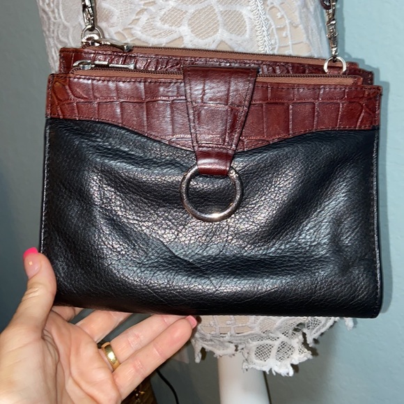 Jack Georges | Women's Black & Brown Embossd Leather  Crossbody Wallet - Picture 3 of 13
